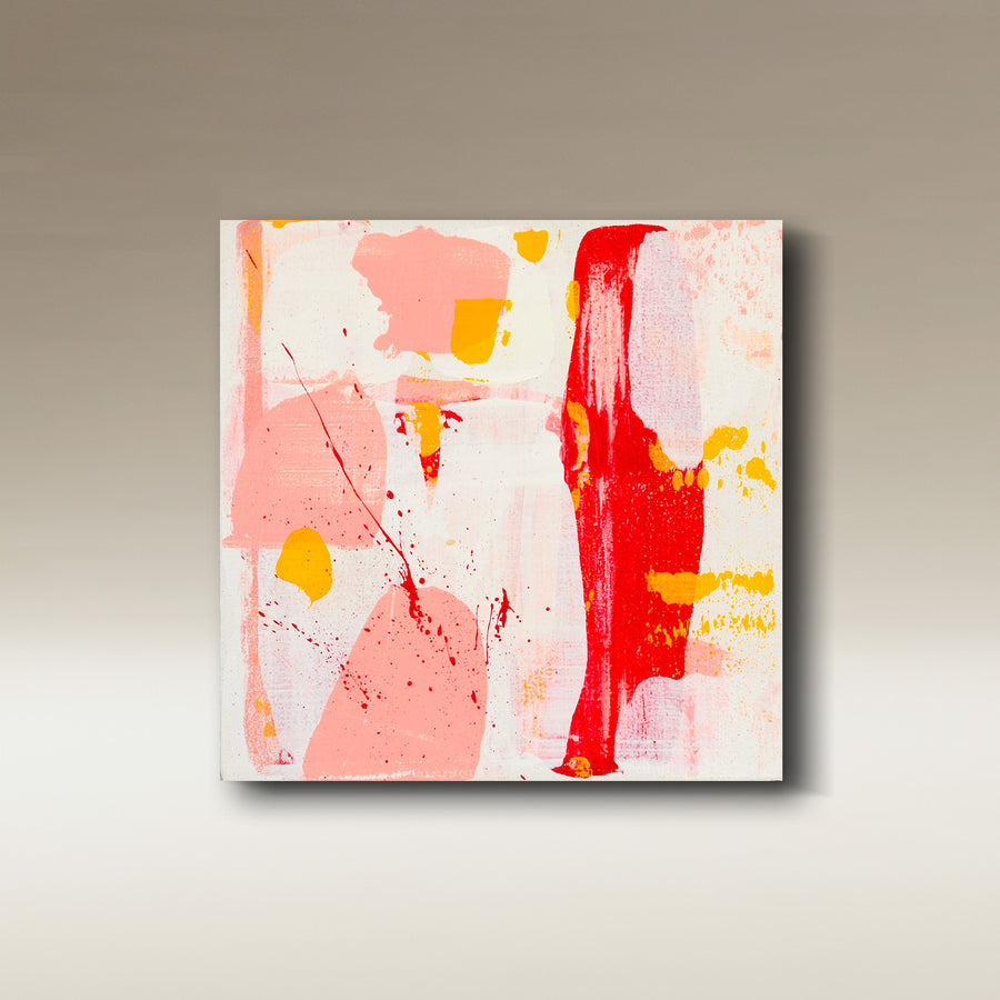 Abstraktes Acrylbild auf Multiplex in Koralle, Rosé, Rot und Orange – WARM 1, 12 × 12 cm
