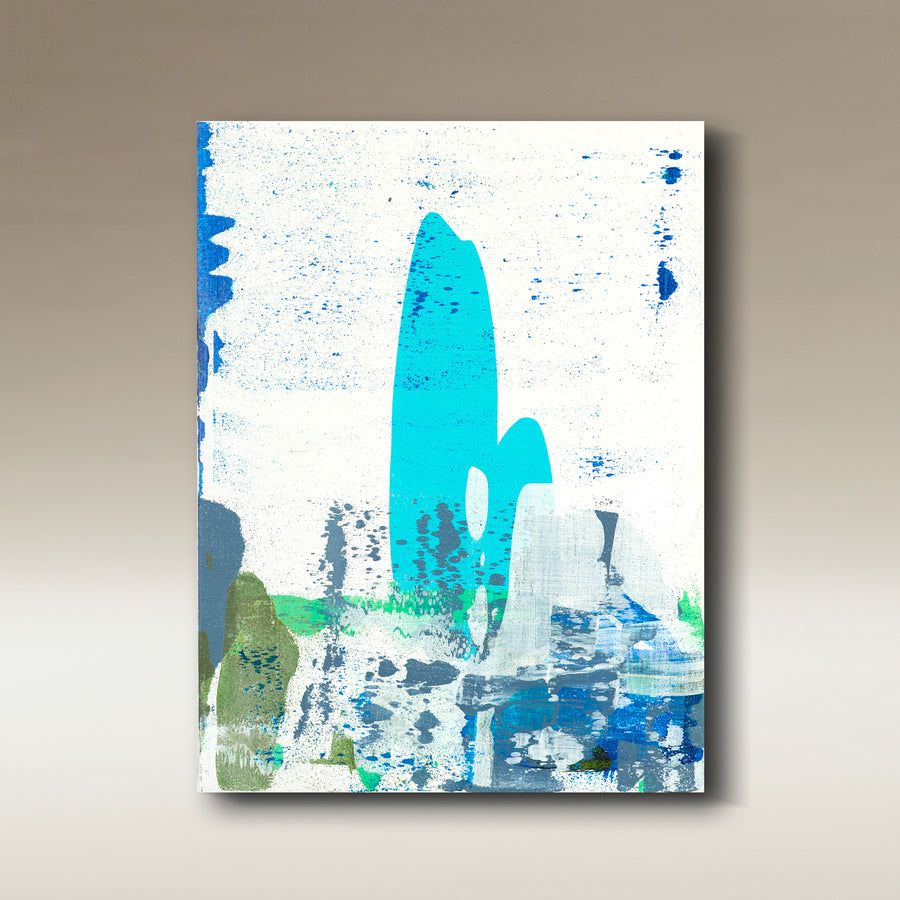 Abstraktes Acrylbild auf Multiplex in Türkis, Blau, Graublau und Olivgrün – COASTAL 6, 15 × 20 cm